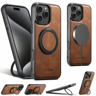 Suteni Suteni Strong Magnetic Compatible MagSafe Wireless Charging Case 360° Rotating Ring Stand PU Leather Phone Case For IPhone 16 Pro Max 15 Plus 14 13 12 For Galaxy S25 Ultra S24 S23 S22 Pixel 10 Pro XL 9A 8 7 6