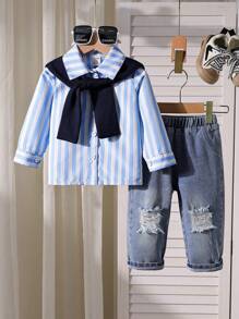 Set 3 bucăți cămașă casual cu dungi pentru băieți + pelerină de culoare solidă la modă + pantaloni lungi din denim rupt elegant - Bleu - Vizualizare 1