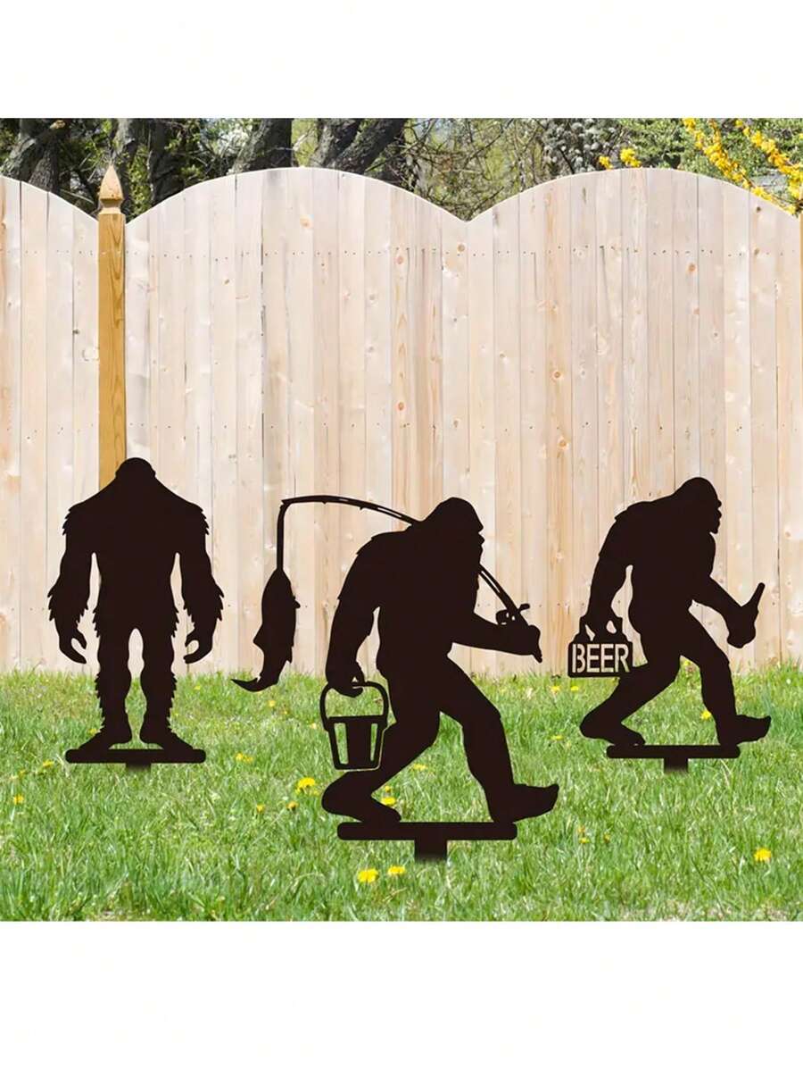 3pcs Metal Decorative Bigfoot Fishing Sasquatch Garden Stakes Sasquatch Gifts For Men Women, Sasquatch Statue Decorations Outdoor, Patriotic Decor, Yard Art, Patio, Outside, Lawn Decorations - M - View 1