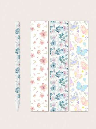 Ett set med 3 stycken Apple Pencil-klistermärken med blommigt fjärilsbladmönster, tillverkade av premiumvattentätt och reptåligt PVC-material, kompatibla med Apple Pencil 2. Skyddar pennans yta samtidigt som de ger en personlig dekoration. Enkel att dra av och fästa. Mått: 6,25 x 3,85 tum.