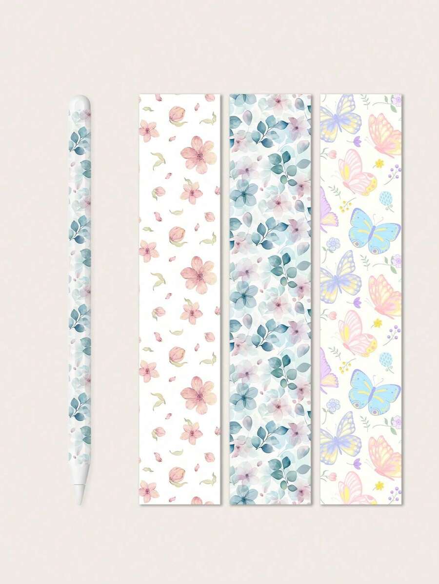一套3张花卉蝴蝶叶子图案的Apple Pencil贴纸，采用优质防水防刮PVC材料制成，兼容Apple Pencil 2。既能保护笔身表面，又能增添个性化装饰。易撕易贴设计。尺寸：6.25 x 3.85英寸。