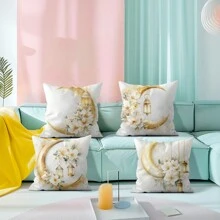 4 Stücke Ramadan Sichelmond & Blumen bedruckte einseitige Kissenbezüge