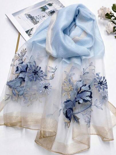 1pc Women's Light Blue Large Floral Gold-Thread Embroidered Mulberry Silk & Wool Blend Decorative Shawl, Elegant Elegant Botanical Embroidered Scarf, Summer Travel Sunscreen, Autumn/Winter Gift For Mom, Formal Dress/Cheongsam Warming Shawl Accessory, Daily Headscarf