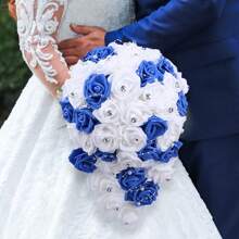 1Pc Bridal Bouquets For Wedding, Simulation Rose Diamonds Pearl Bride Wedding Bouquet, Romantic Wedding Party Decoration Confession - Blue - View 3