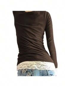 Women Fashion Lace Stitching T-Shirt Long Sleeve Sweet Temperament Shirts Square Neck Spring Fall Tops - 深棕色 - 查看 4