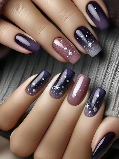24pcs Medium Square Nail Stickers To Instantly Upgrade Your Look! Elegant Mysterious Black & Purple Solid Color Fake Nails, Fashionable Purple Ombre Nude Color Starry Sky Nail Stickers, Full Coverage Artificial Nails Suitable For Women And Girls. Includes 1 Adhesive Sticker Sheet And 1 Mini Nail File, Jelly Gel Strips, Random Delivery. Nail Art Supplies.