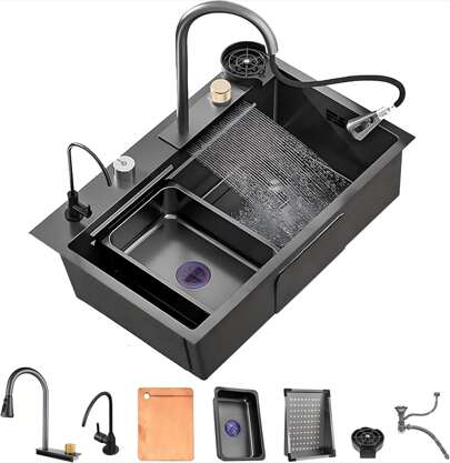 Kitchen Sink, Waterfall Sink With 2 Sets Of Faucets, Flying Rain Sink, Household Steering Wheel Sink For Kitchen, Bar, And Restaurant, Outdoor