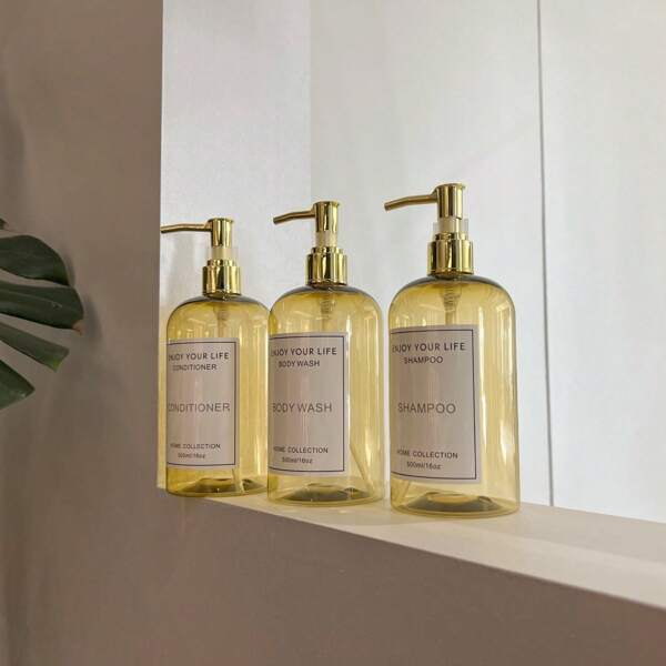 Juego de 3 dispensadores recargables de champú y acondicionador de color dorado con etiquetas impermeables. Botellas de plástico inodoro para lociones, perfectas para accesorios de baño en hoteles, casas de huéspedes y decoración de baño en el hogar, ideal para el regreso a la escuela en verano