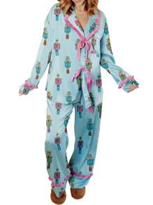 Christmas Santa Pajama Set Women's Long Sleeve Sleepwear Soft Loungewear Two Piece Button Down Pjs Lounge Set - Blue - View 2
