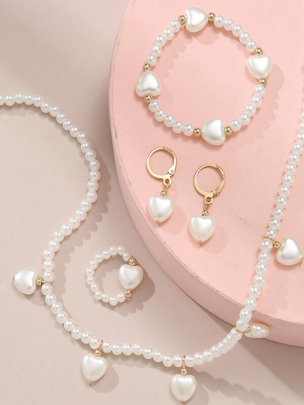 5pcs/Set Girls Heart Shaped Pearl Jewelry Set, Including Necklace, Bracelet, Earrings And Ring, Suitable For Daily Wear And Parties