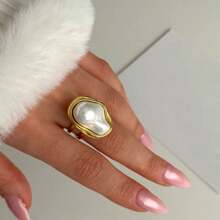 S SHOPBOHO 1pc Stainless Steel Finger Ring Chunky Jewelry Girls Party Outfit Large Irregular Faux Pearl Gold Ring