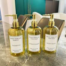 3pcs Golden Refillable Shampoo & Conditioner Dispensers With Waterproof Labels - Odorless Plastic Lotion Bottles For Bathroom Accessories, Perfect For Hotels & Guesthouses Home Bathroom Decor Fall Decor Back To School - Multicolor - View 4