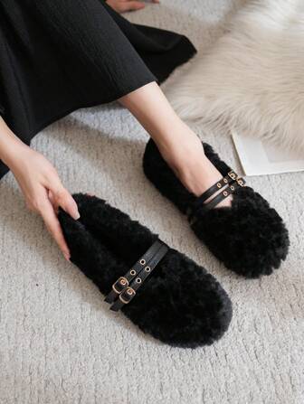 女士冬季保暖厚底平底玛丽珍鞋，织物材质，带绑带装饰，黑色和棕色