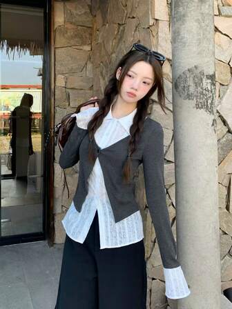 春季设计针织上衣，灰色针织外壳拼接优雅开衫，女式合身喇叭袖