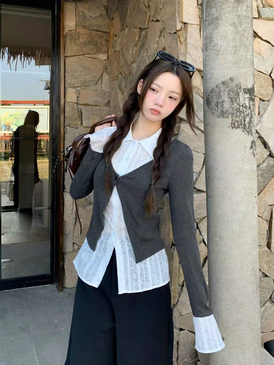 春季設計針織上衣,灰色針織拼接優雅女款合身喇叭袖襯衫 - 灰色 - 查看 1