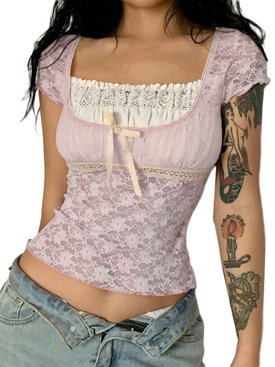 Women Summer T-Shirt, Lace Splicing Square-Neck Short Sleeve Crop Tops Camisole For Girls, S/M/L, Pink
