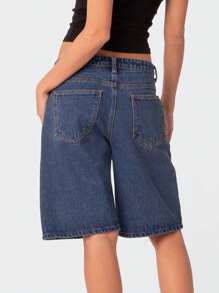 Womens Knee Length Denim Shorts Solid Color High Waist Loose Fit Jean Shorts For Summer - Blue - View 5