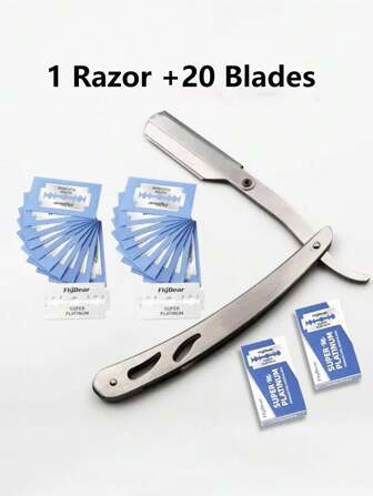 1 套剃须套装（1 把剃须刀 + 20 个刀片）优质折叠式剃须刀 - 理发店品质直刃剃须刀，适用于男士面部护理、手动剃须、胡须修剪和美发 - 耐用不锈钢、人体工程学设计、便携且节省空间，规格：10 个刀片、20 个刀片、30 个刀片、1 套剃须套装（1 把剃须刀 + 20 个刀片）、1 套剃须套装（1 把剃须刀 + 10 个刀片）、1 套剃须套装（1 把剃须刀 + 30 个刀片）
