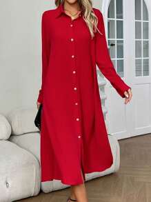 Abito camicia casual lungo con maniche lunghe da donna alla moda - Rosso - Visualizzare 3
