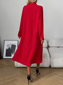 Abito camicia casual lungo con maniche lunghe da donna alla moda - Rosso - Visualizzare 2