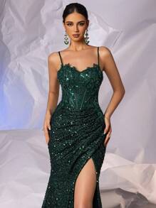Elisanya Deep Green Sparkly Lace Mermaid Formal Evening Dresses With High Slit Luxury Sequin Prom Party Gowns, Elegant Evening Gown, For Wedding Guest, Graduation, Dinner