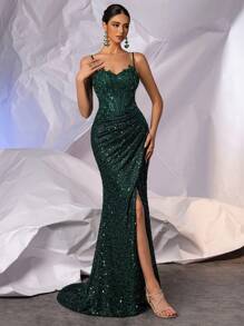 Elisanya Deep Green Sparkly Lace Mermaid Formal Evening Dresses With High Slit Luxury Sequin Prom Party Gowns, Elegant Evening Gown, For Wedding Guest, Graduation, Dinner