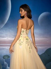 Anymoon 蕾丝 3D 贴花褶皱长款晚礼服、派对礼服、婚礼宾客礼服、正式礼服、长袍