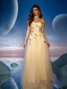 Anymoon 蕾丝 3D 贴花褶皱长款晚礼服、派对礼服、婚礼宾客礼服、正式礼服、长袍