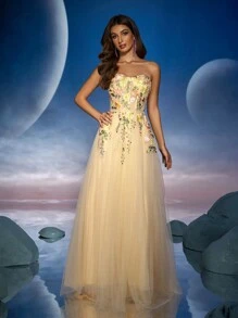 Anymoon 蕾丝 3D 贴花褶皱长款晚礼服、派对礼服、婚礼宾客礼服、正式礼服、长袍