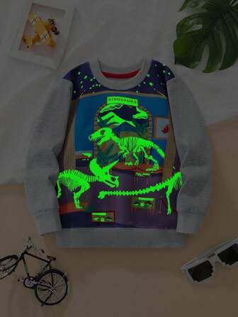 1pc Kids Cartoon Dinosaur Glow-In-The-Dark Print Casual Long Sleeve Sweatshirt, Fashionable For Autumn/Winter