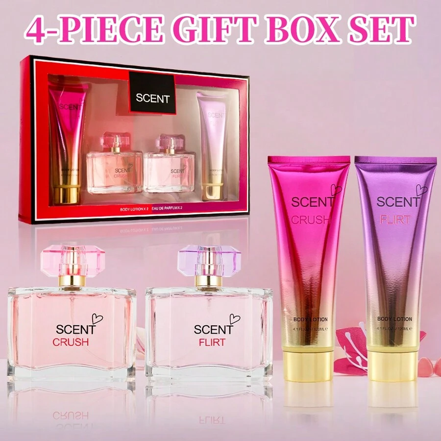 4-Piece Set, Women's Eau De Toilette Spray And Body Lotion Gift Box, Lasting Fragrance, 2 Different Flavors, Very Suitable For Halloween, Holiday Gifts, Dating, Daily Life, Parties, 3.4 Fluid Ounces Of Perfume, 4.1 Fluid Ounces Of Body Lotion - 4-Piece Set - 查看 1