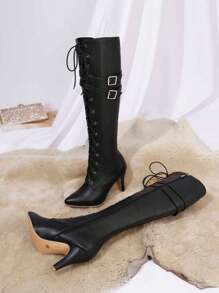 女士秋冬新款透气镂空过膝罗马靴尖头时尚超高跟系带靴加大码47码圣诞礼物 - 黑色 - 查看 7