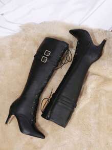 女士秋冬新款透气镂空过膝罗马靴尖头时尚超高跟系带靴加大码47码圣诞礼物 - 黑色 - 查看 9