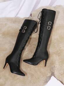 女士秋冬新款透气镂空过膝罗马靴尖头时尚超高跟系带靴加大码47码圣诞礼物 - 黑色 - 查看 8