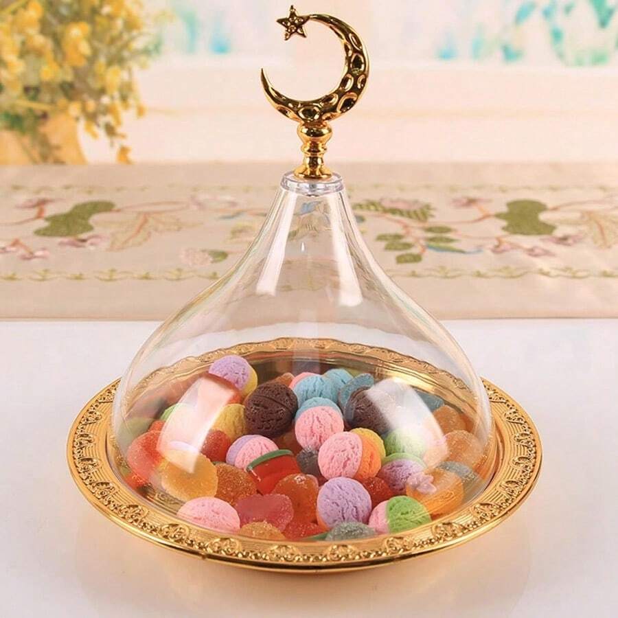 Plateau de service pour collations, plateau en métal pour le Ramadan avec couvercle en dôme transparent, plateau à mini gâteaux et bonbons réutilisable, plateau à desserts rond pour ranger les noix, bonbons et biscuits sucrés - Doré - Voir 1