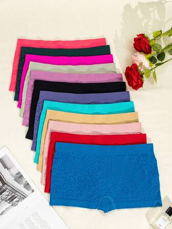 12pcs Solid Color Seamless Elastic Lifting Waist Briefs, Soft Comfortable Minimalist Women Casual Underwear