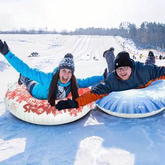 1 sneeuwring, 1 opblaasbare slee met lekvrije sproeier en zitkussen, duurzaam PVC-materiaal, gemengd vlamrood en ijsblauw, outdoor wintersportaccessoires voor sleeën