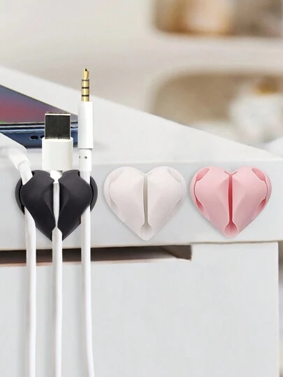 2pcs Heart-Shaped Cable Organizers, Phone Charging Wire Fastener Clips, Winding Organizer, Self-Adhesive Cable Holder For Desk, Nightstand, Wall, Car, And Office