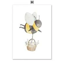 1 件波西米亚风卡通农场海报艺术印刷品狐狸蜜蜂熊刺猬花帆布画墙画家居装饰无框