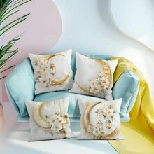 4 Stücke Ramadan Sichelmond & Blumen bedruckte einseitige Kissenbezüge