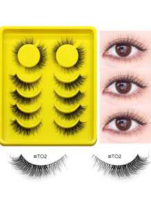 GROINNEYA 6对猫眼假睫毛，透明带假睫毛，狐狸眼假睫毛，仿貂毛假睫毛，自然妆效假睫毛，短款睫毛嫁接，化妆 (T02) - 黑色 - 查看 2