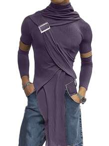 INCERUN Fashion Mens Cowl Neck Short Sleeve Asymmetrical Hem Shirt Solid Pullover Tops Party Club Slim Fit T-Shirt - Màu tím - Xem 2