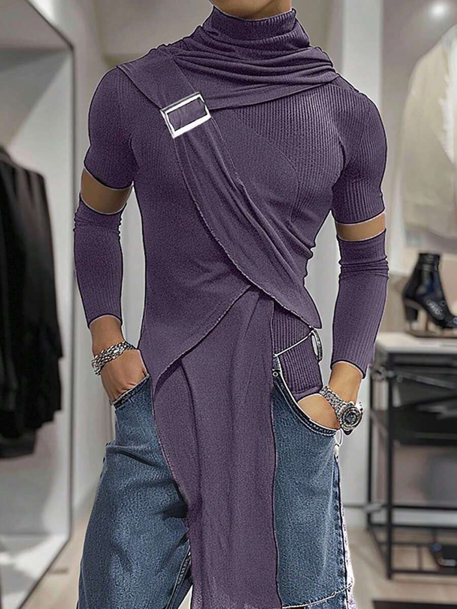 INCERUN Fashion Mens Cowl Neck Short Sleeve Asymmetrical Hem Shirt Solid Pullover Tops Party Club Slim Fit T-Shirt - Màu tím - Xem 1