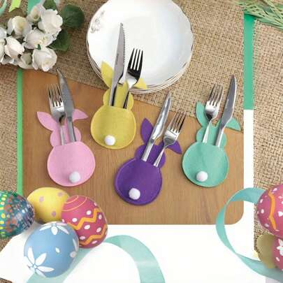 4pcs Colorful Easter Bunny Cutlery Holders, Adorable Pom Pom Tail Utensil Storage Bags, Cutlery Decor Set (Cutlery Not Included), Suitable For Party Decoration And Tabletop Setting, Ideal Home Gift ,Room Decor