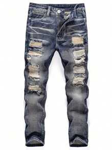 Vintage Distressed Slim Fit Men's Denim Jeans, Emo Style