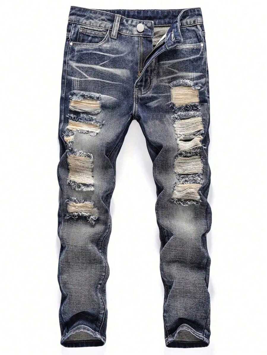 Vintage Distressed Slim Fit Men's Denim Jeans, Emo Style