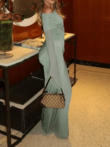 WOWDARK Women's Off Shoulder Waist Sheer Pleat Pointed Sleeve Party Dress, Autumn,Cocktail - Green - View 10