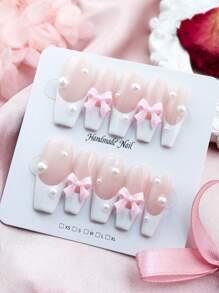 10pcs Cute Pink 3D Bowknot Handcraft Nail Tips, White Full Coverage French Press-On Fake Nails - White - View 1
