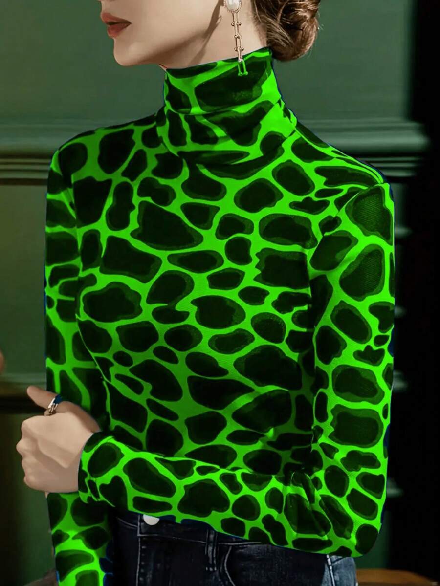 女式豹纹高领打底衫，修身长袖，时尚优雅秋冬内衣 - 綠色 - 查看 1