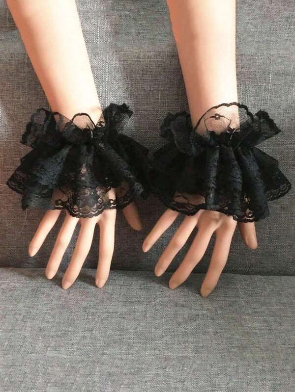 4 pares de puños cortos de encaje para mujeres/damas, puños cortos de muñeca de encaje, guantes cortos de encaje, decoración de encaje de malla y flores, mangas y cubiertas de mano antideslizantes, accesorios góticos Lolita, adecuados para accesorios de vestido de novia, cosplay